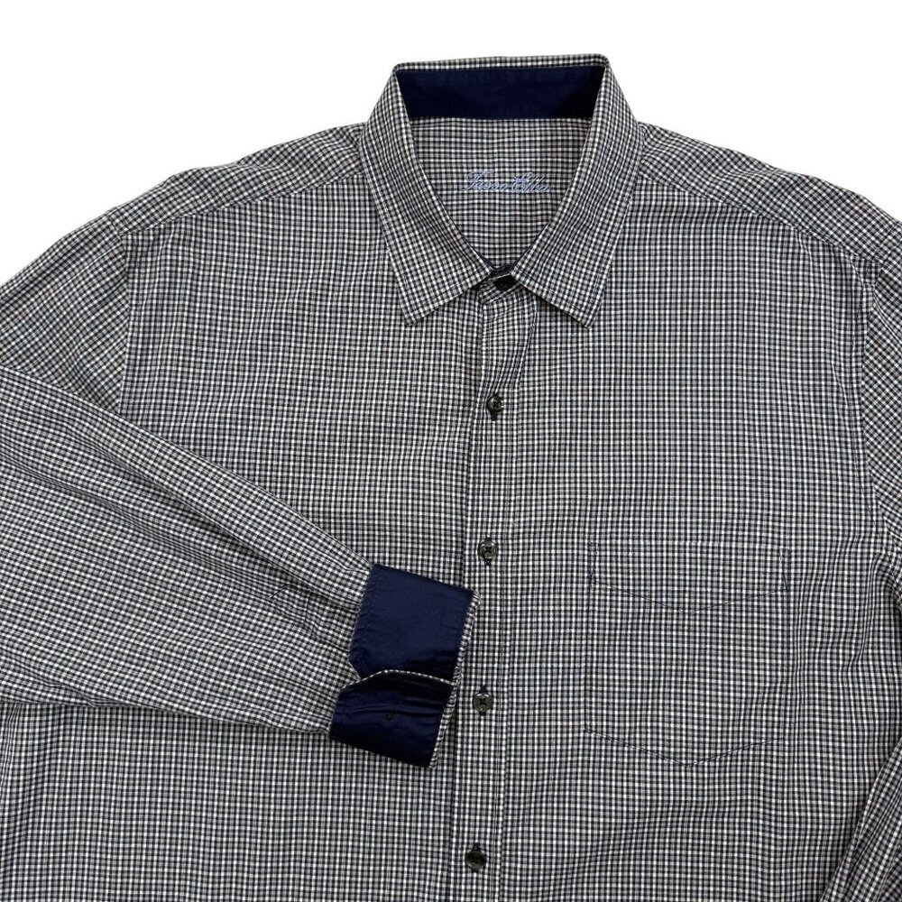 Tasso Elba Reverse Cuff Button Up Dress Shirt Blue Check Cotton Mens XL 17-17½